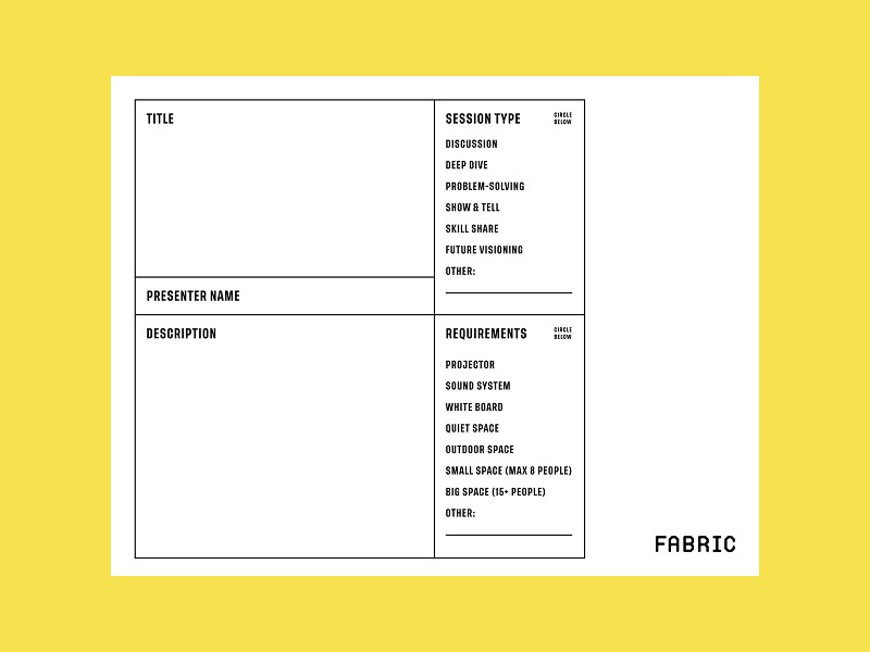 Form on yellow background with sections for title, presenter name, description, session type, and requirements. Keywords: session, form, organizer.
