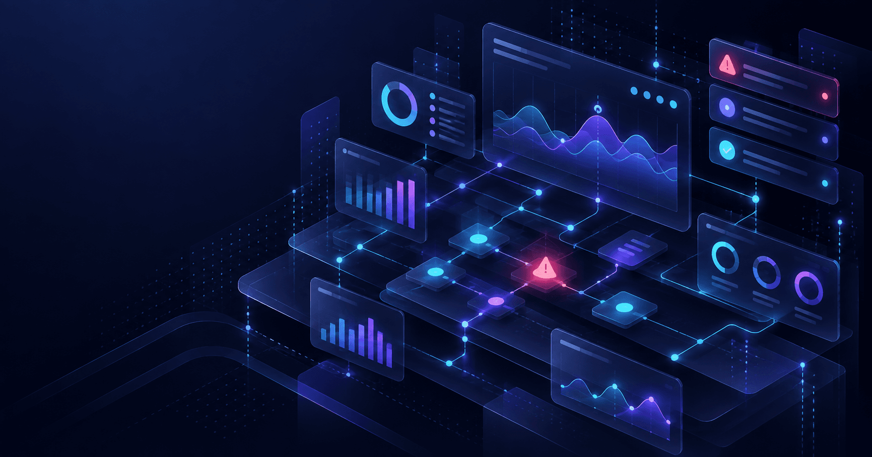 Abstract operational visibility dashboard with signals, charts, alerts, and system status.