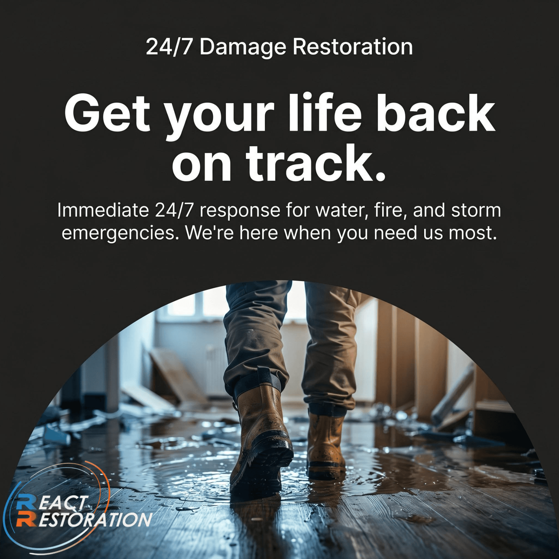 "Ad for 24/7 Damage Restoration: 'Get your life back on track.' Shows a person wearing boots walking on a flooded floor, conveying urgency and reliability."