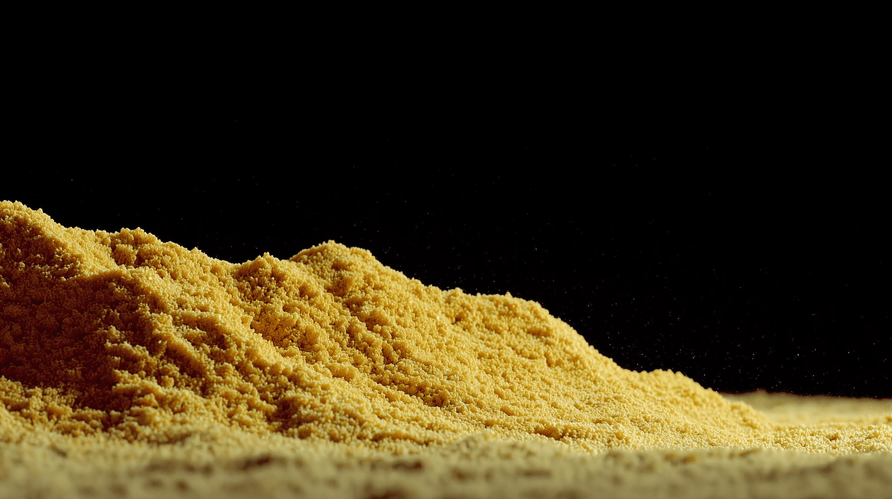 Pile of yellow corn powder with dramatic lighting and a black background.