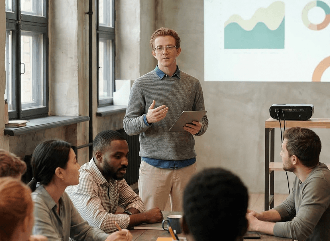 Man presenting ideas to a group during a meeting