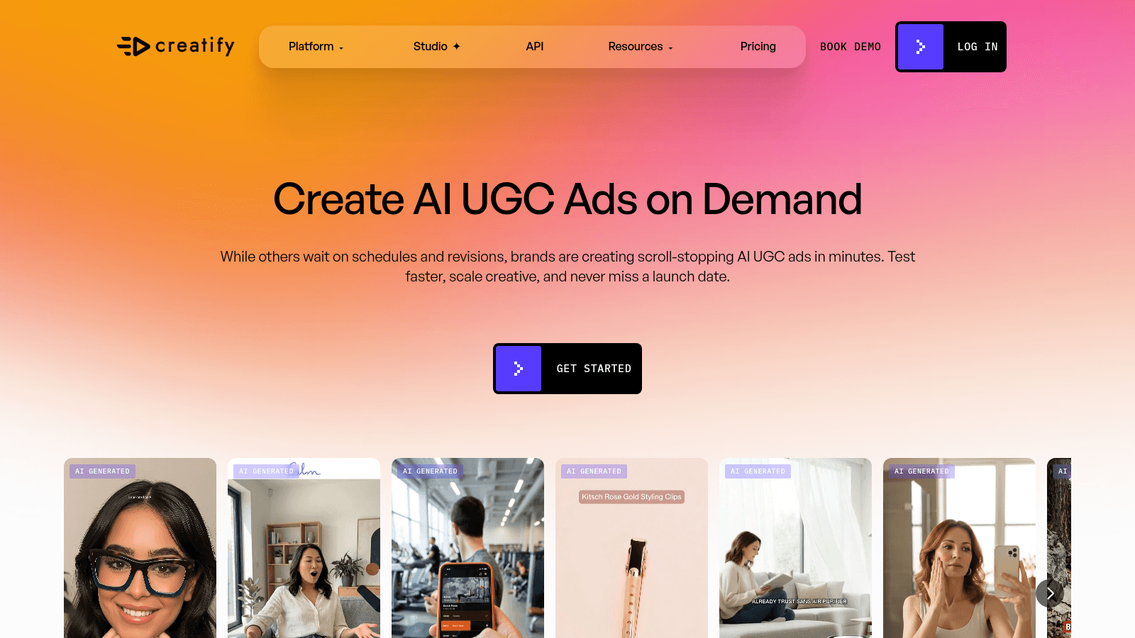A marketing landing page for Creatify promoting AI-generated user-generated content ads with a gallery of examples.