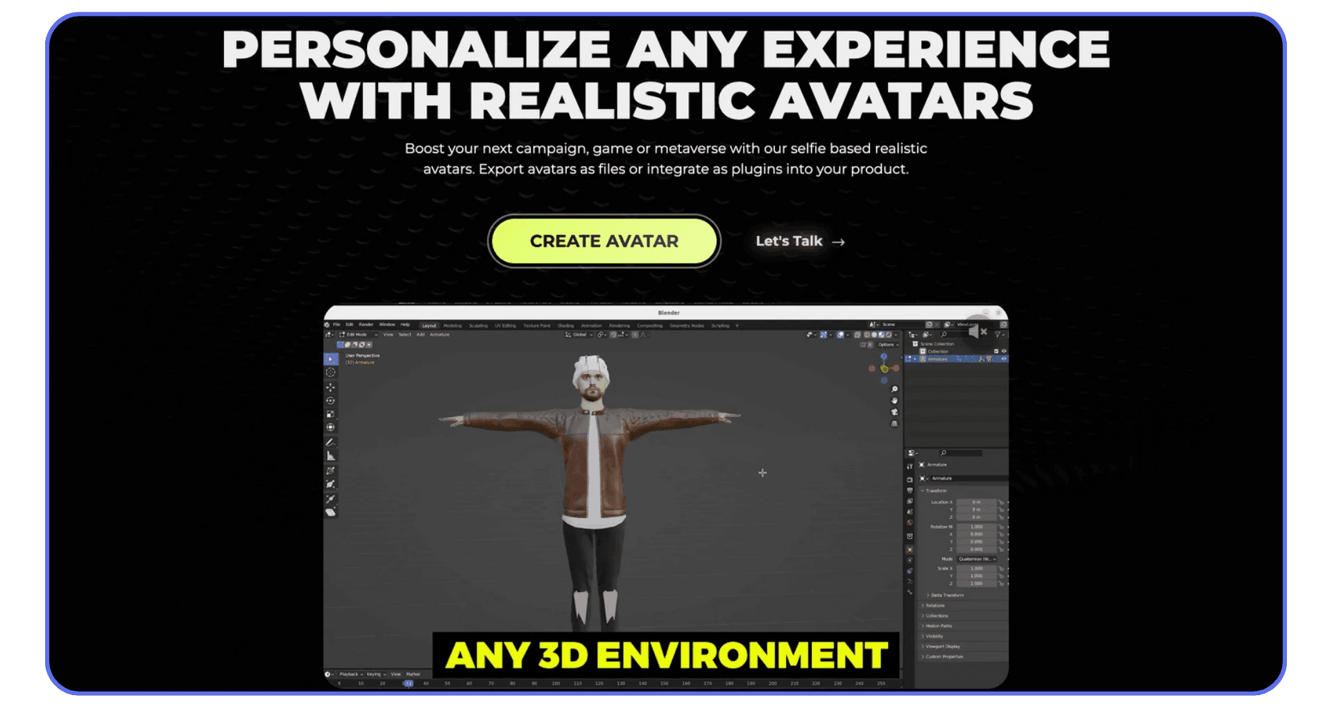 Advertisement showing a 3D avatar with outstretched arms in Blender, under the heading “Personalize any experience with realistic avatars,” promoting an avatar creation tool.