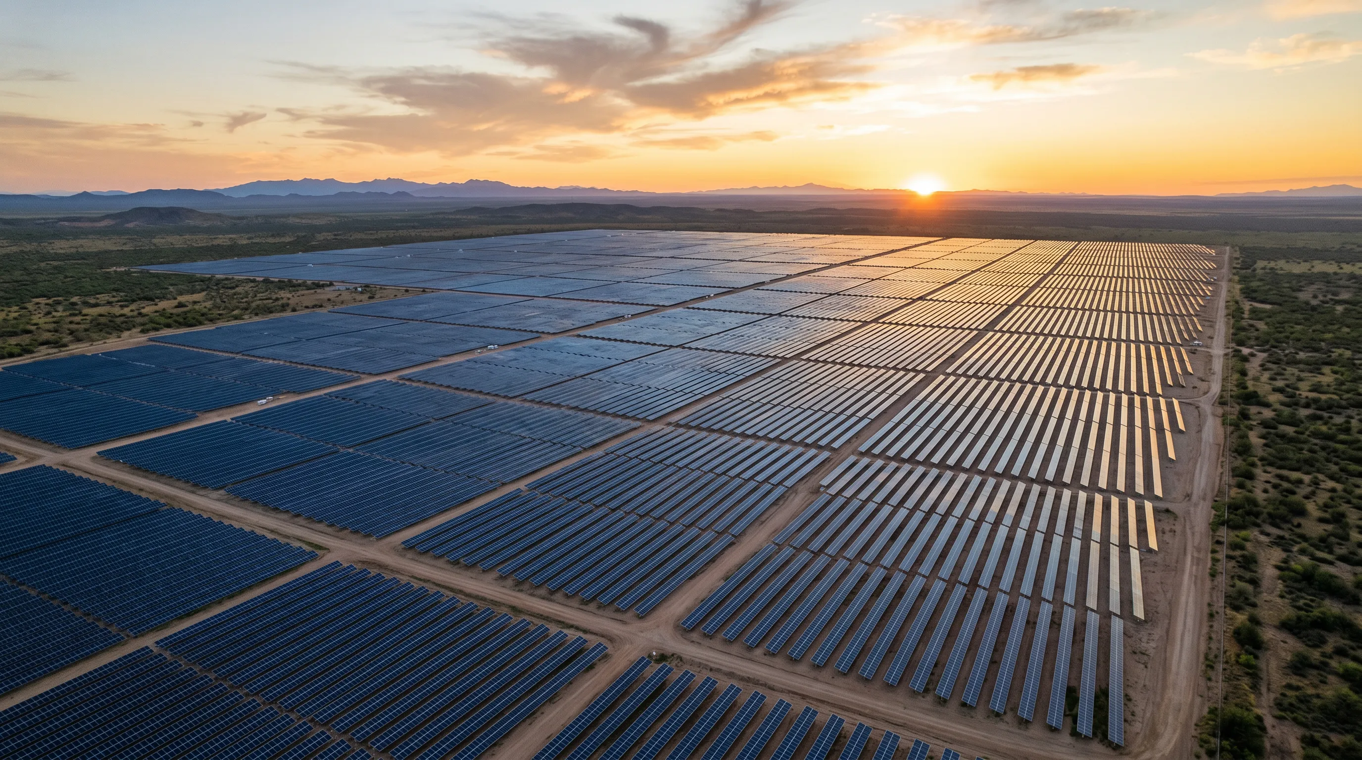 Extensive solar panel field in foreground, modern city skyline at sunset.