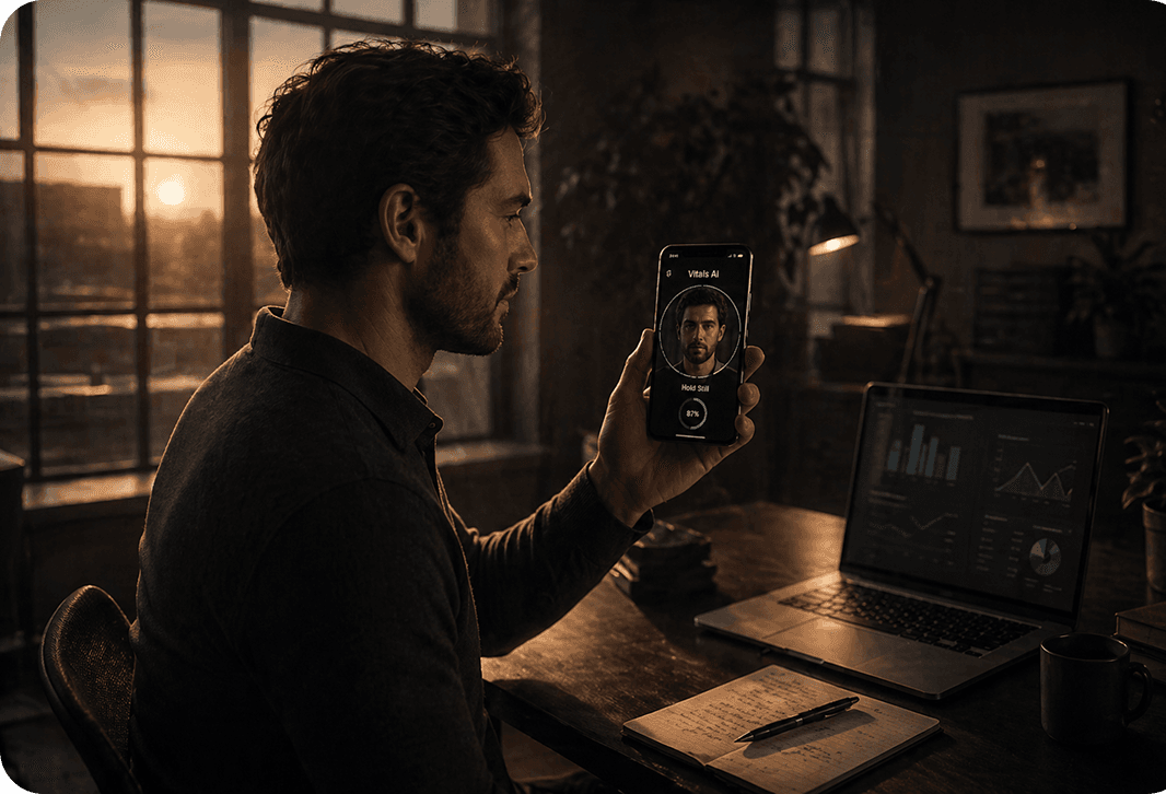 Man conducting a remote biometrics vitals scan on a telehealth session