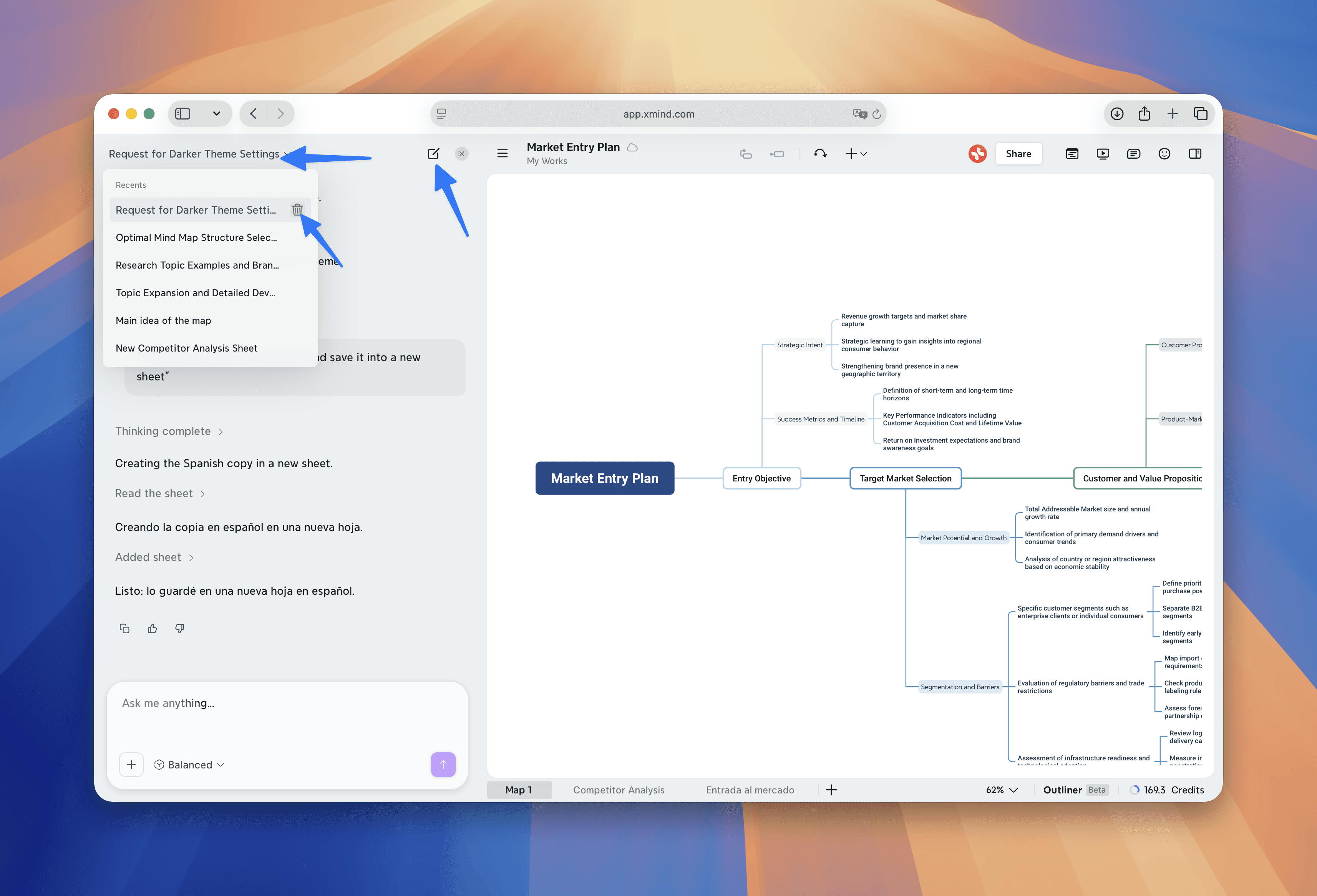 The Xmind AI chatbot panel shows controls for starting a new chat, switching between previous chats, and deleting chats.