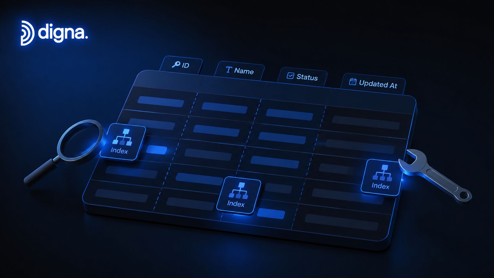 A 3D visualization of a database table interface featuring index icons, a magnifying glass, and a wrench.