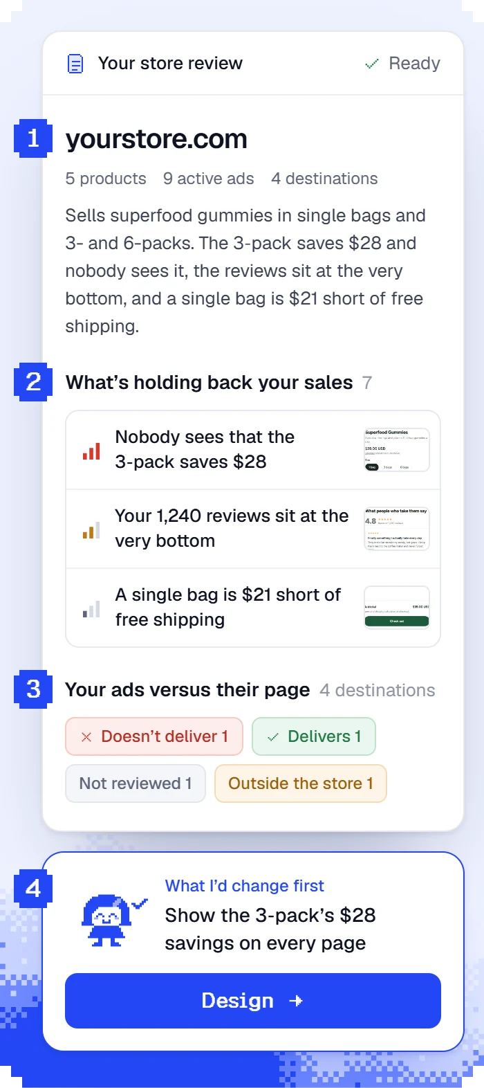 A store review with findings in order and the first change Belén would make