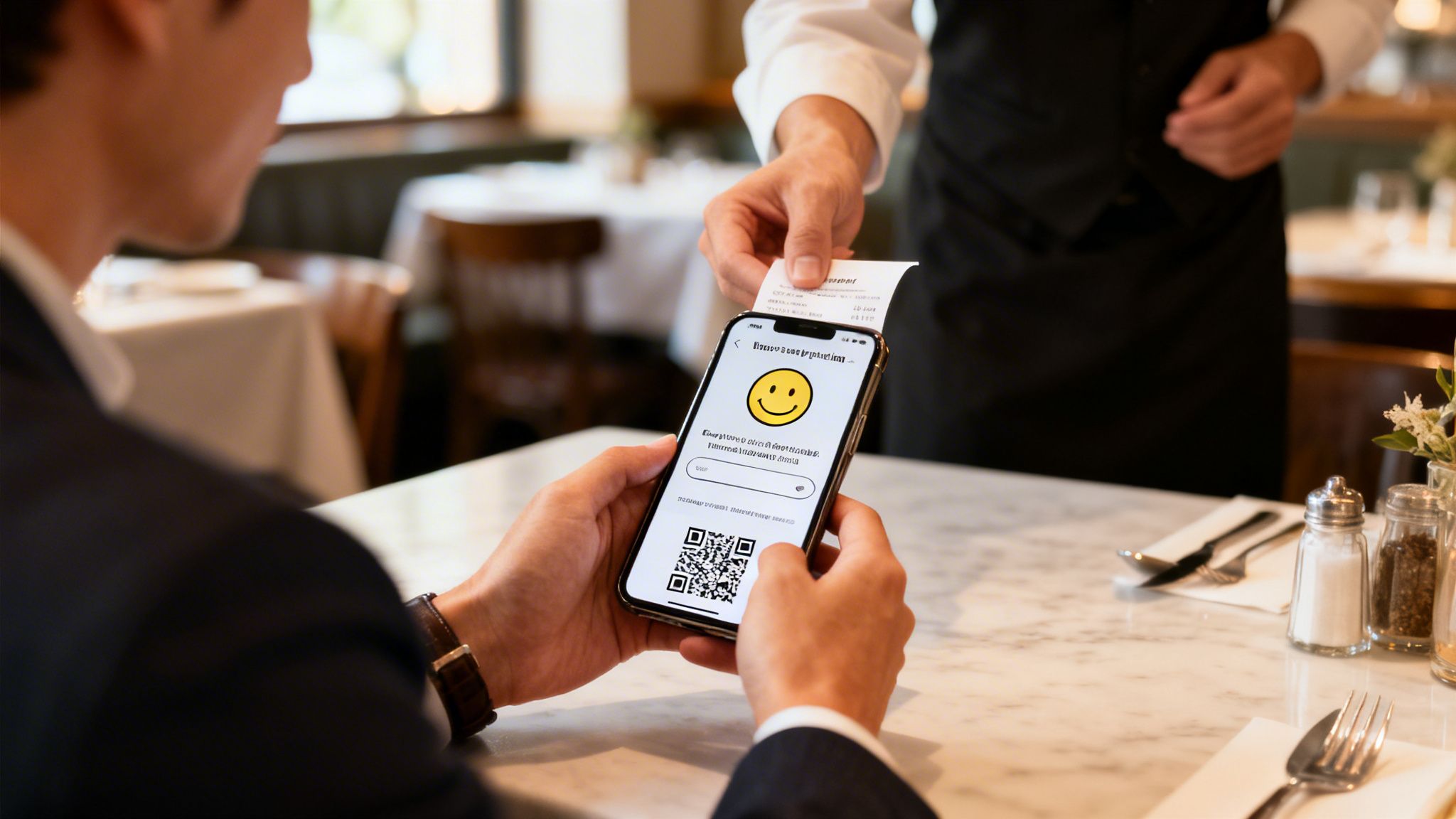 A customer holds a smartphone with a satisfaction survey while a waiter presents a bill in a restaurant.