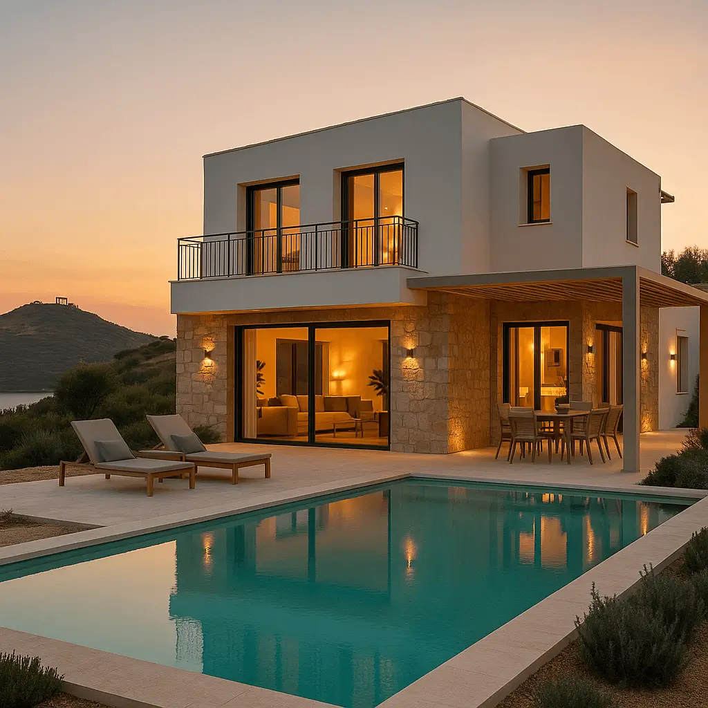 Μεσογειακή βίλα στο Σούνιο με πέτρα, καθαρές γραμμές και πισίνα στο ηλιοβασίλεμα.