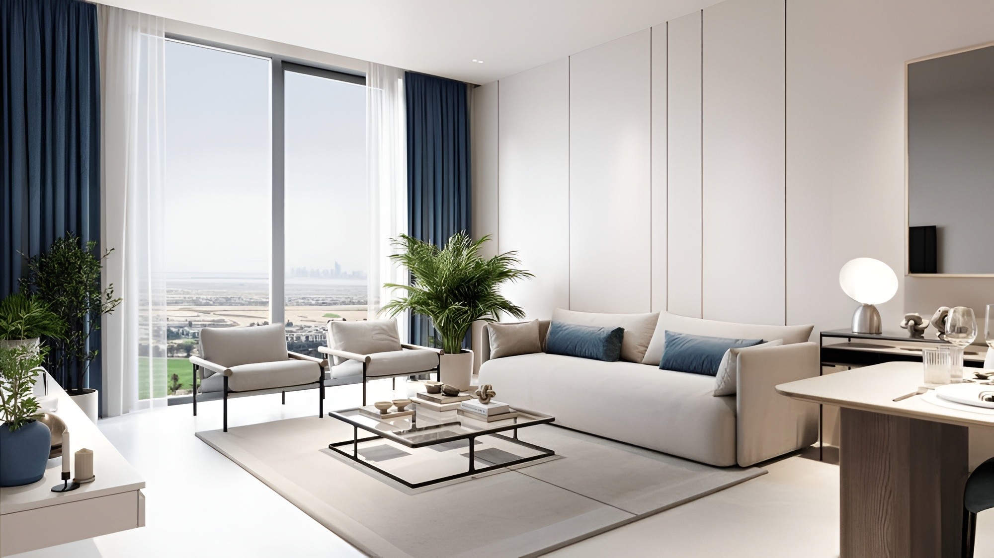 Contemporary apartment overlooking the city skyline, with Tetris Tower by Object1 prominently visible.
