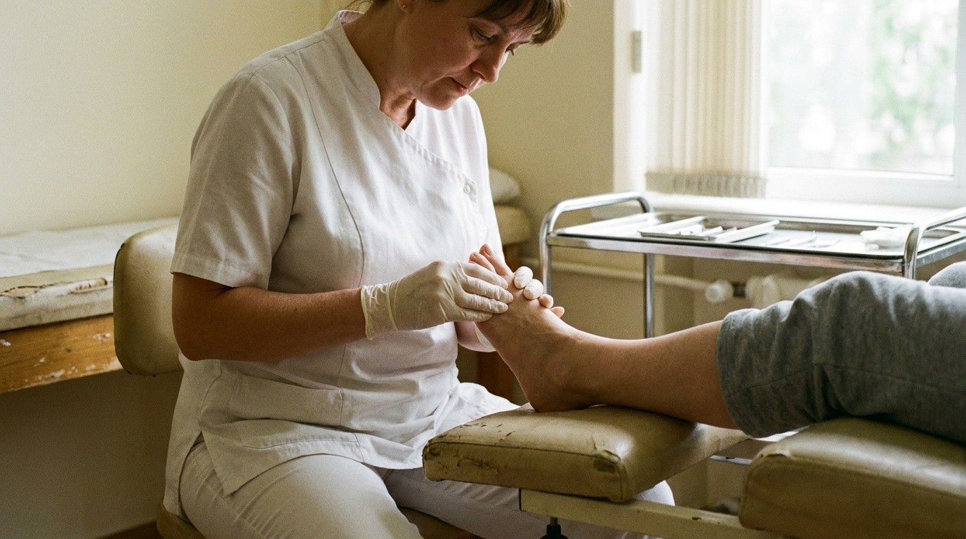 A podiatrist examining a patient's foot in a clinic exam room, evoking the appointment and referral calls a podiatry practice fields all day