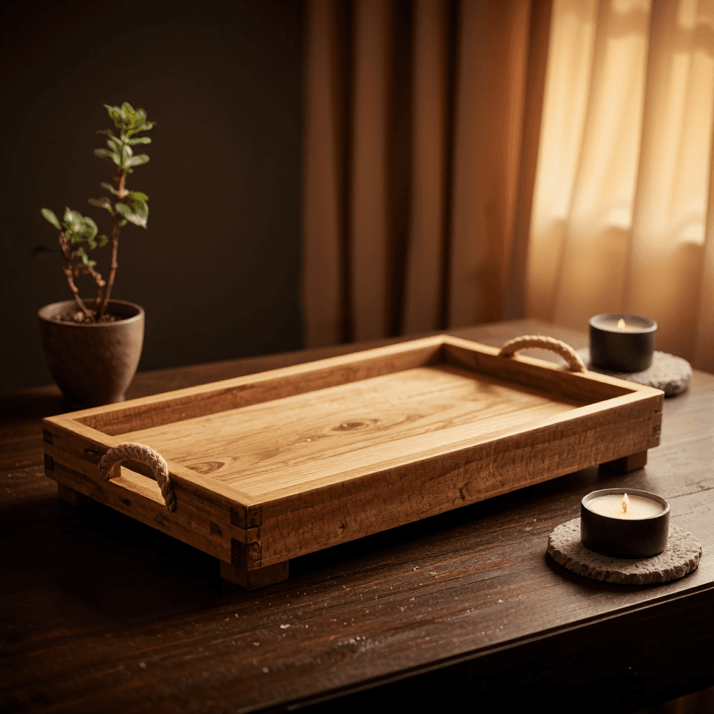 product photography of a wooden serving tray with rope detailing