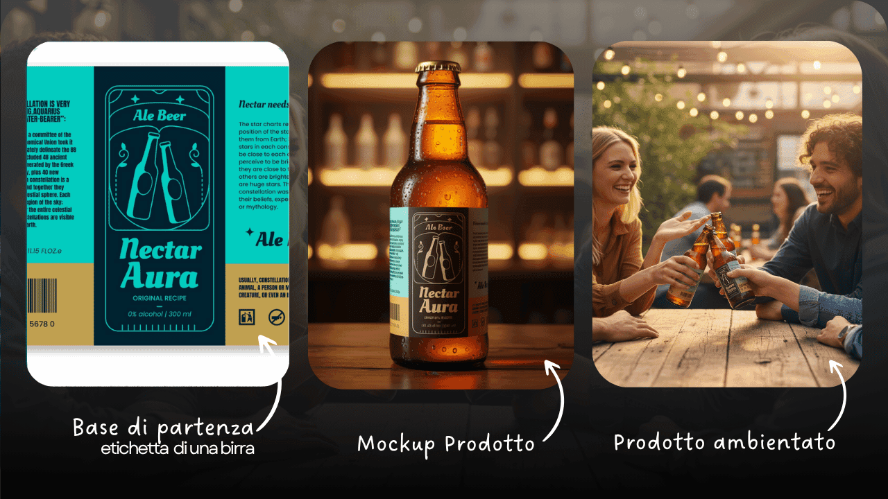 Immagine che mostra come Nano Banana ha trasformato un'etichetta di birra "Nectar Aura" in un mockup di prodotto e in una foto pubblicitaria di persone che brindano.