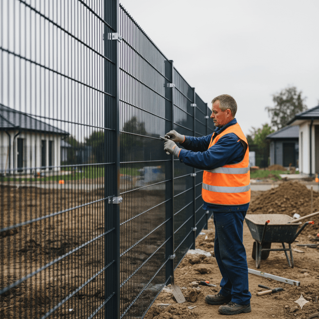 Statybininkas dirbantis prie segmentinės tvoros - AM Statybų Grupė