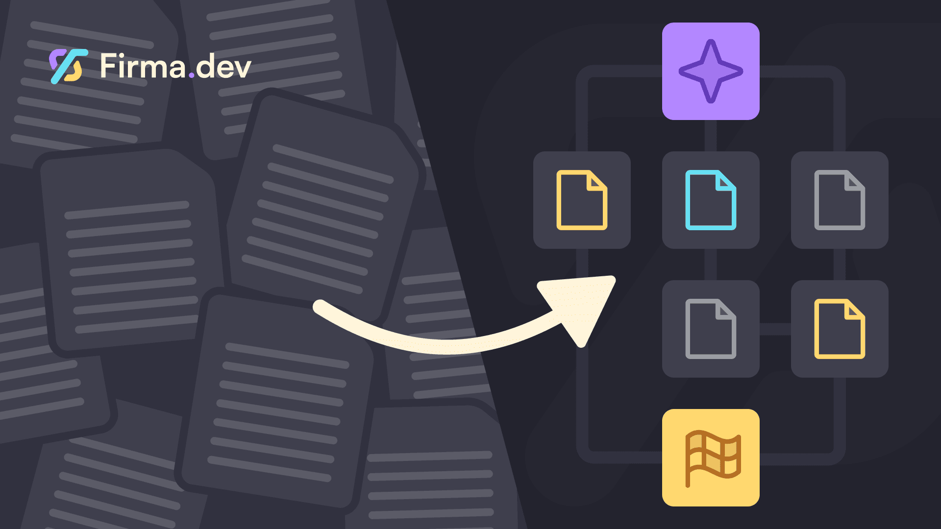 An arrow points from scattered documents to organized digital files in a flowchart, suggesting transformation. The tone is modern and efficient. Logo reads "Firma.dev".