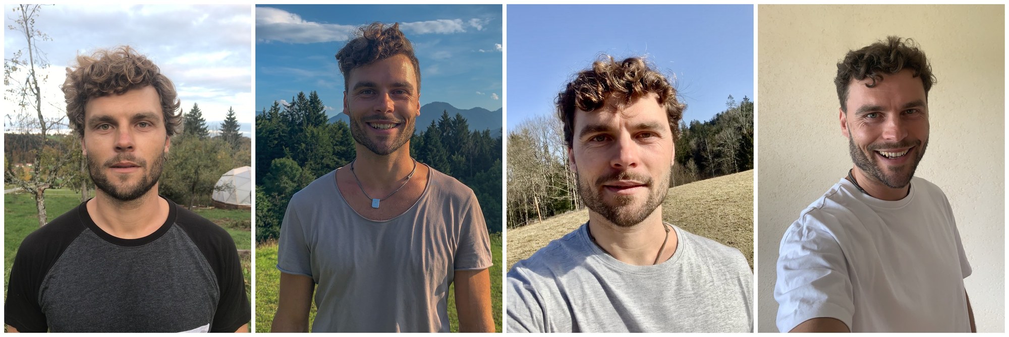 Four polas of Tobi Deckert from four different years side by side: different hair and beard lengths — the reason contracts contain a look clause