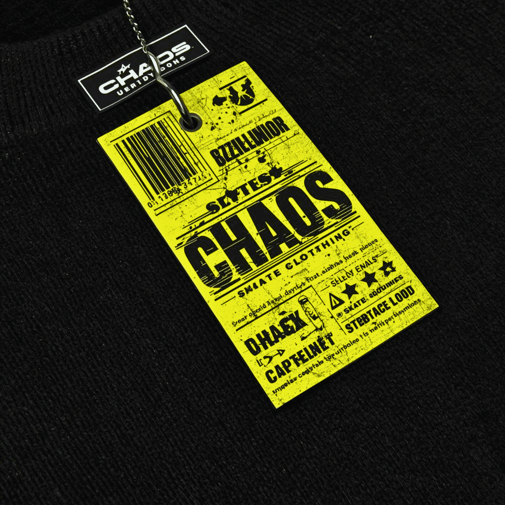 Mockup de diseño de etiqueta para ropa urbana estilo grunge de la marca Chaos, destacando tipografía negra sobre fondo amarillo.