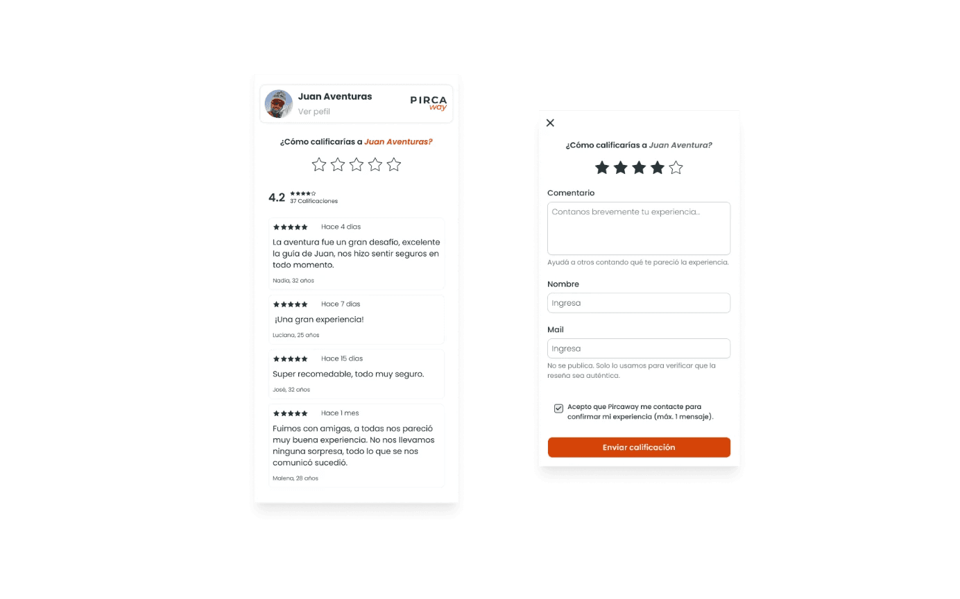 El perfil del guía es el centro de confianza de la plataforma. Cada guía tiene un perfil verificado con historial, idiomas, calificación y aventuras publicadas — diseñado para que el usuario tome decisiones informadas antes de contactar.
