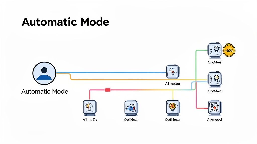 Diagram showing automatic mode connecting to various AI models, with one displaying a 40% optimization.