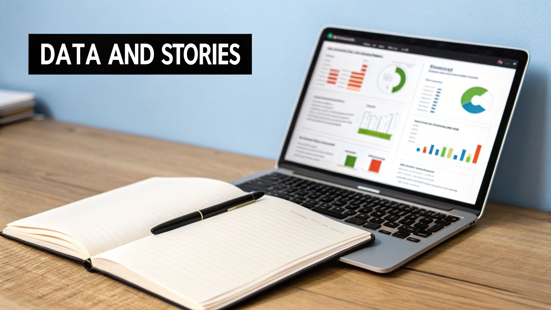 A laptop displaying data dashboards and charts with an open notebook and pen on a wooden desk.