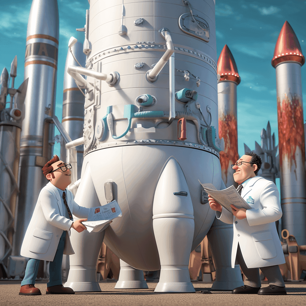 Mission control team inspecting rocket