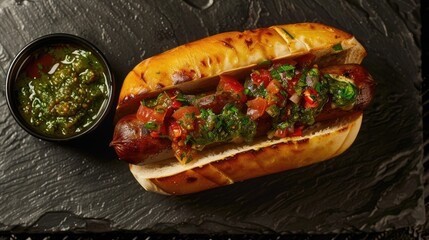 Scorpion Chef choripán Argentine sausage sandwich with chimichurri sauce Vancouver Island BC