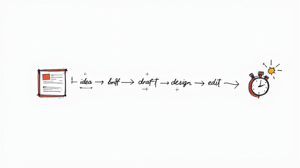 A team collaborating around a desk, illustrating an efficient content production process.