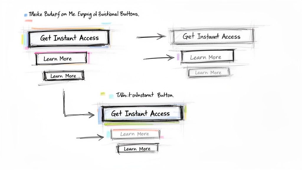 Sketched variations of 'Get Instant Access' and 'Learn More' buttons, showing design ideas.