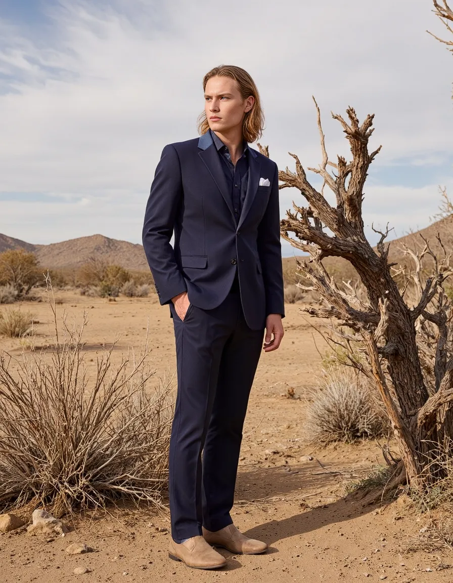 Navy suit against desert landscape with weathered wood and mountains, showcasing editorial fashion photography in natural setting