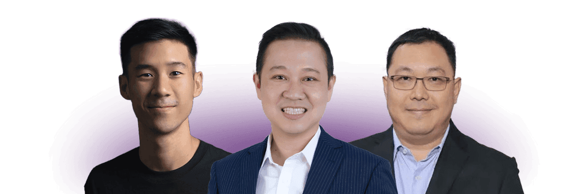 Three men standing side by side, smiling at the camera, with a purple background.