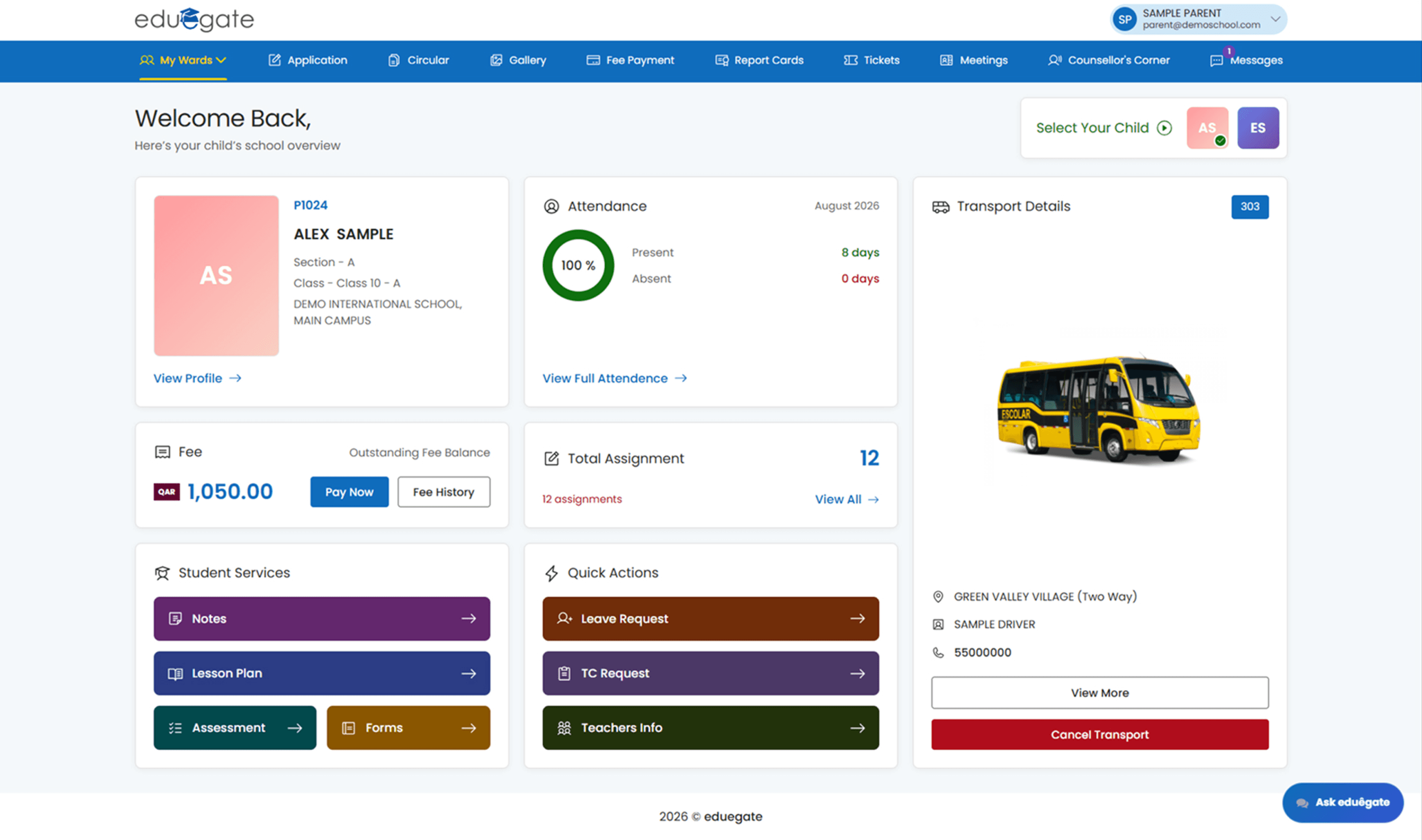 Parent Portal dashboard screen (1 of 3)