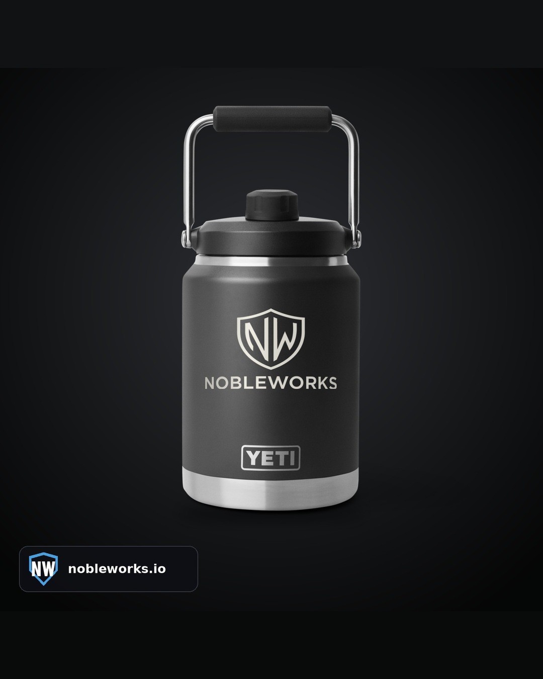 NobleWorks example: a black YETI half gallon jug engraved with the NobleWorks logo