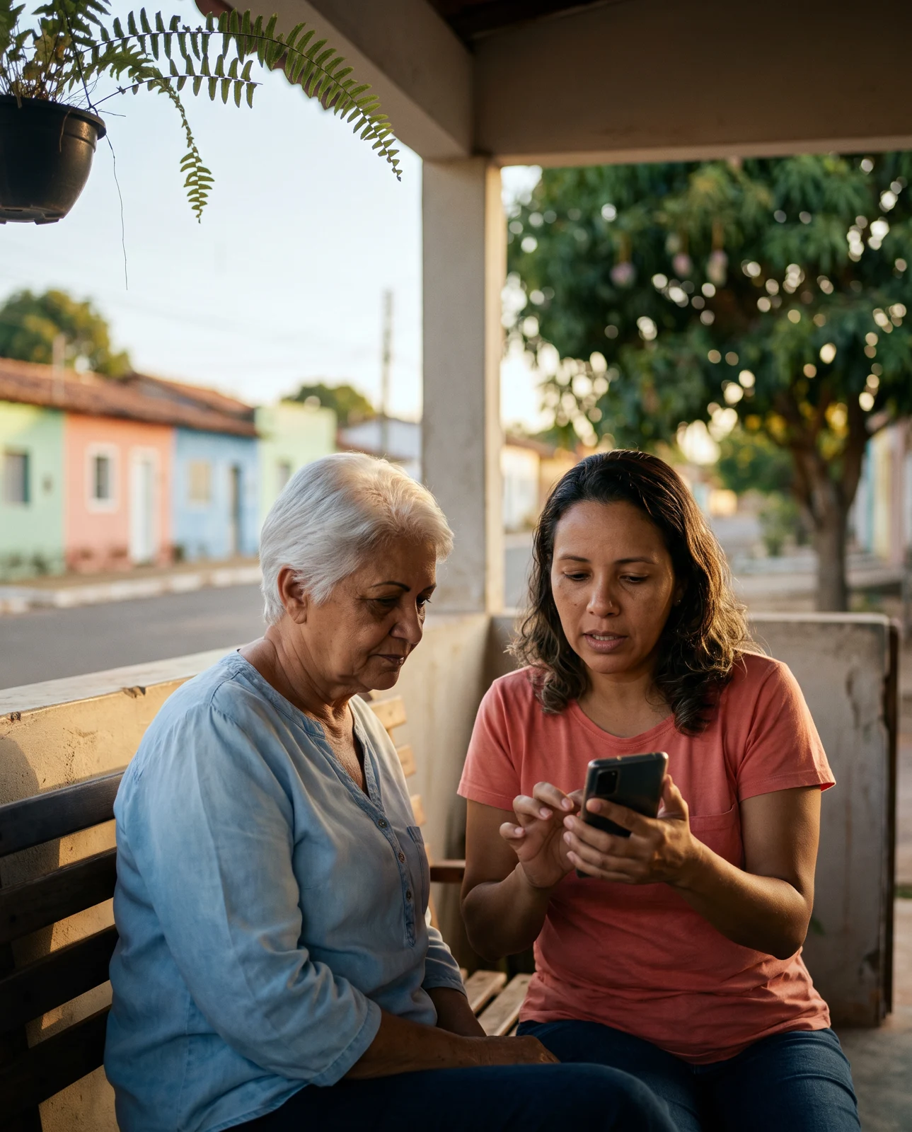 Uma mulher mostra uma mensagem no celular à mãe, sentadas na varanda.