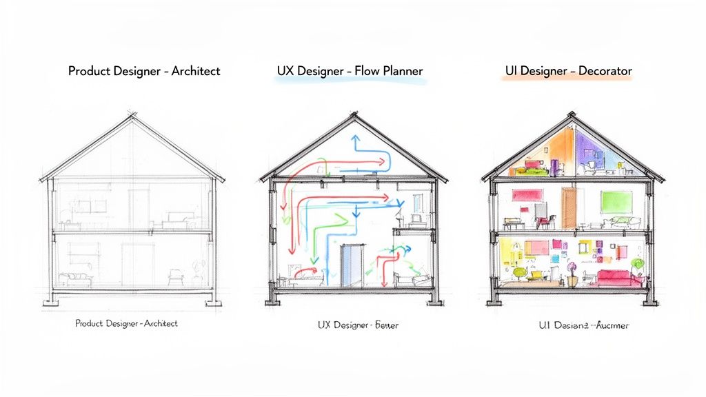 Three house diagrams illustrating Product, UX, and UI design roles as architect, flow planner, and decorator.