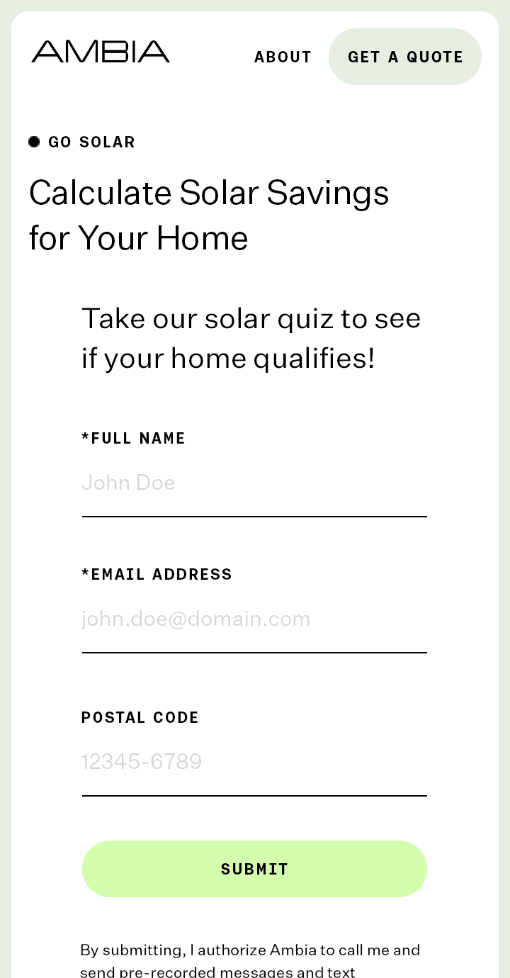 AMBIA Solar Contact form mobile.