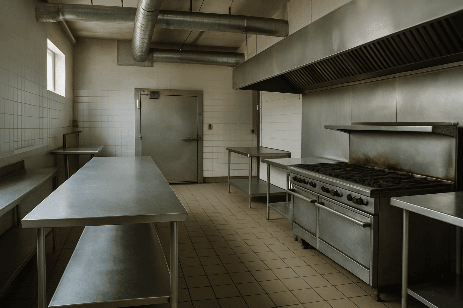 Empty commercial kitchen with stainless steel prep tables and restaurant equipment in Chicago