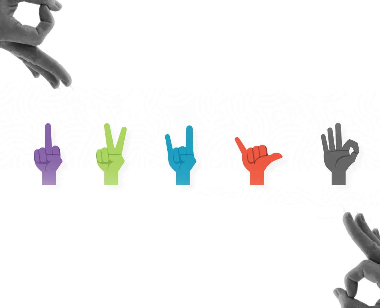 Custom hand gesture iconography for Say With Candles, featuring colorful vector illustrations of the 'peace,' 'rock on,' and 'shaka' signs designed by Andrew Salfinger.