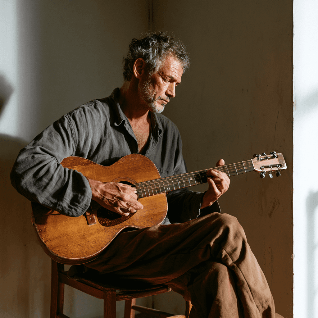 A middle-aged man playing an acoustic guitar in a plain room at home