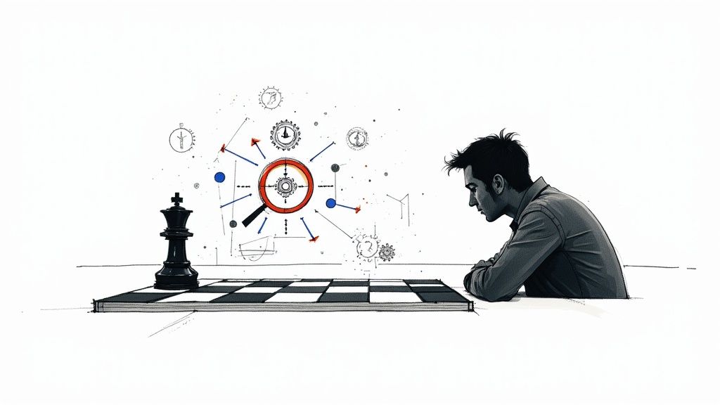 A chessboard with pieces arranged, symbolizing strategic business moves.