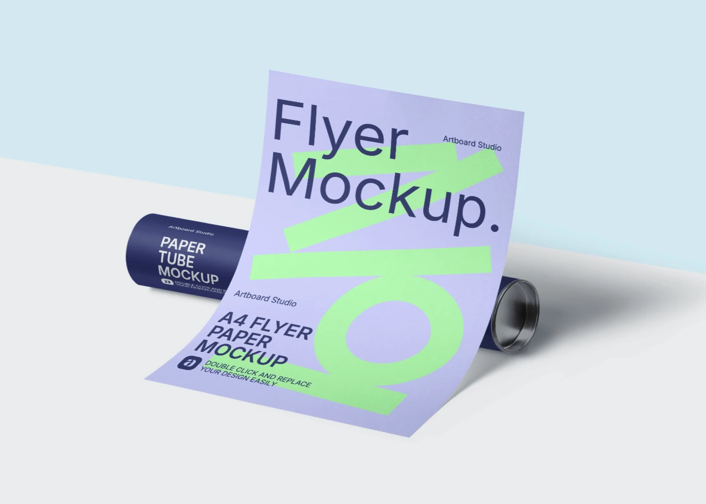 A4 flyer mockup with a paper tube