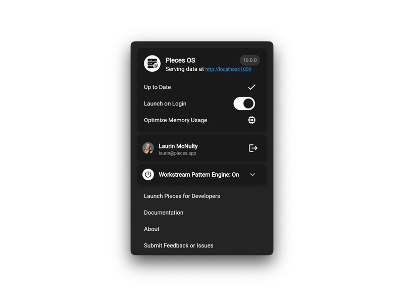 The new Pieces OS menu with additional functionality.