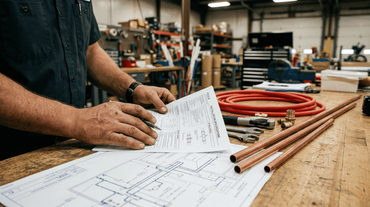 Plumber reviewing Division 22 plumbing specification documents next to copper and PEX piping on a workbench