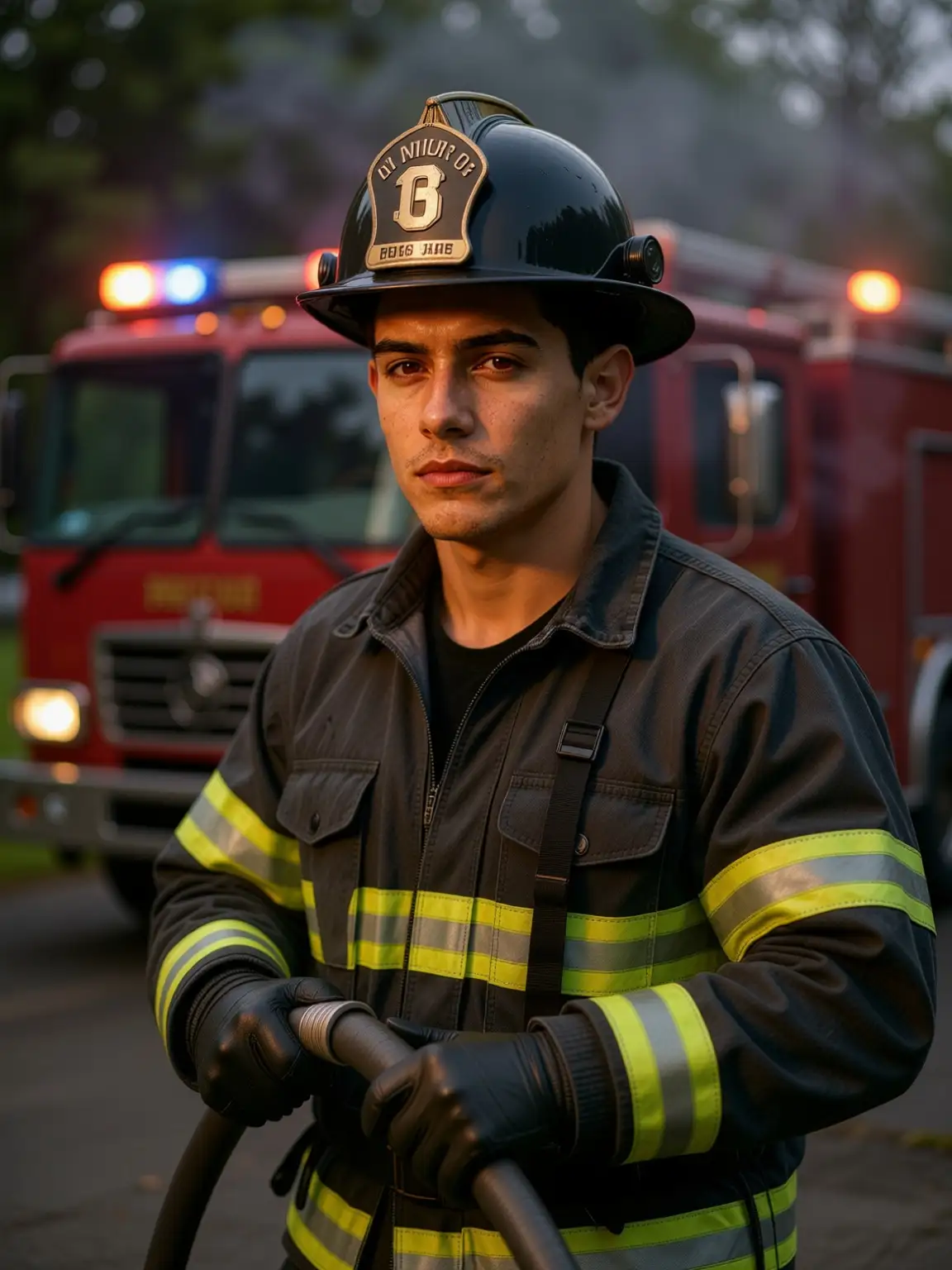 AI man firefighter in uniform holding hose