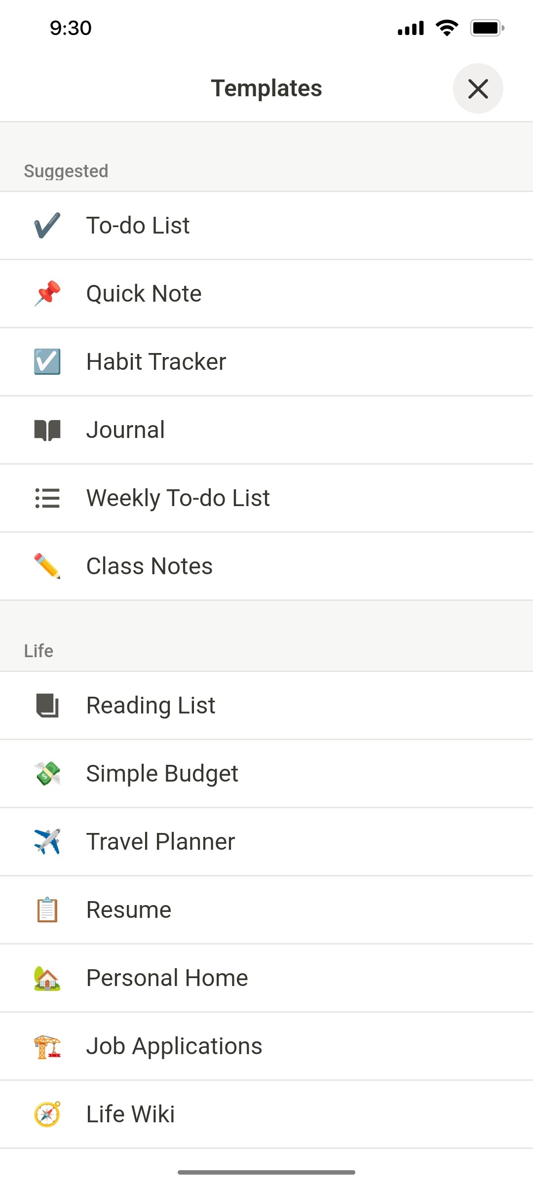Notion App Templates Screen