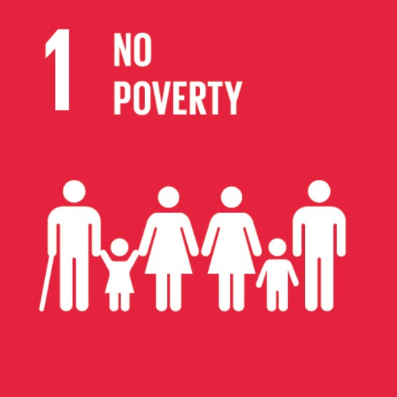 The image depicts the first of the United Nations Sustainable Development Goals (SDG 1), which is "No Poverty." It shows a red background with the text "1 No Poverty" at the top. Below the text, there is an illustration of a group of five simplified human figures, representing a family, including an elderly person with a cane, adults, and children. The image emphasizes the goal of ending poverty in all its forms everywhere.