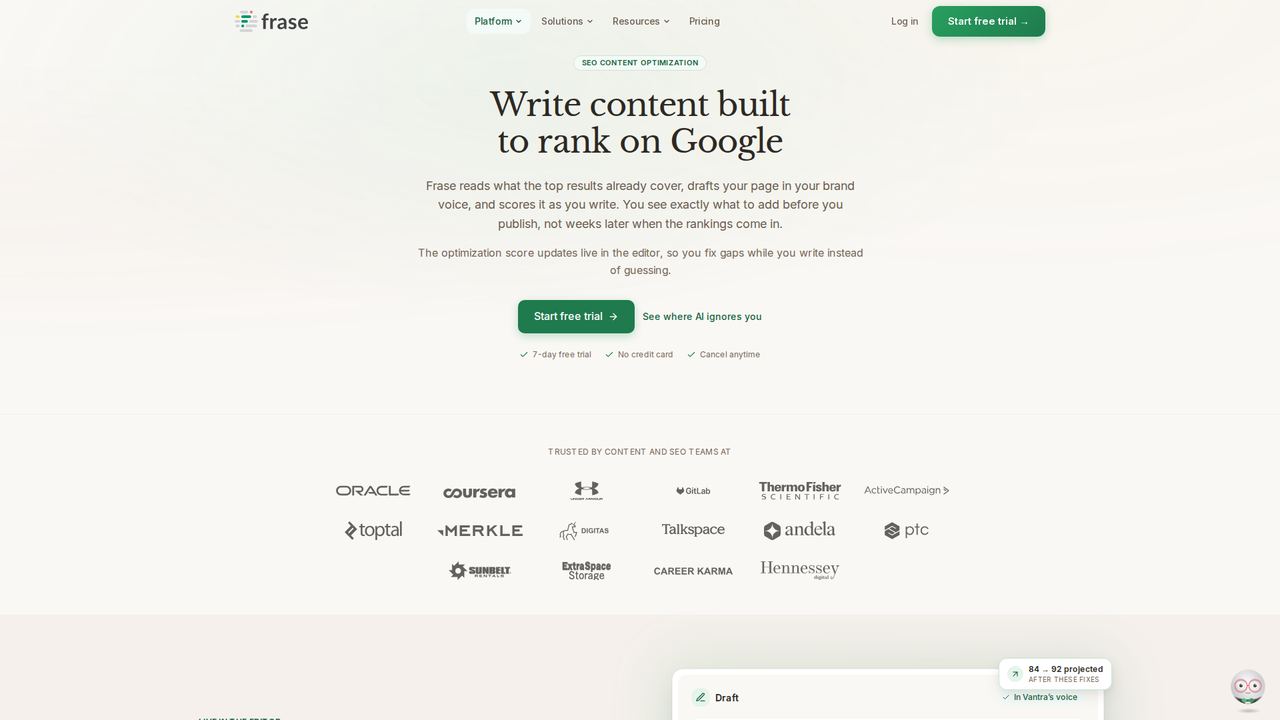 Frase's SEO content optimization landing page reading 'Write content built to rank on Google'