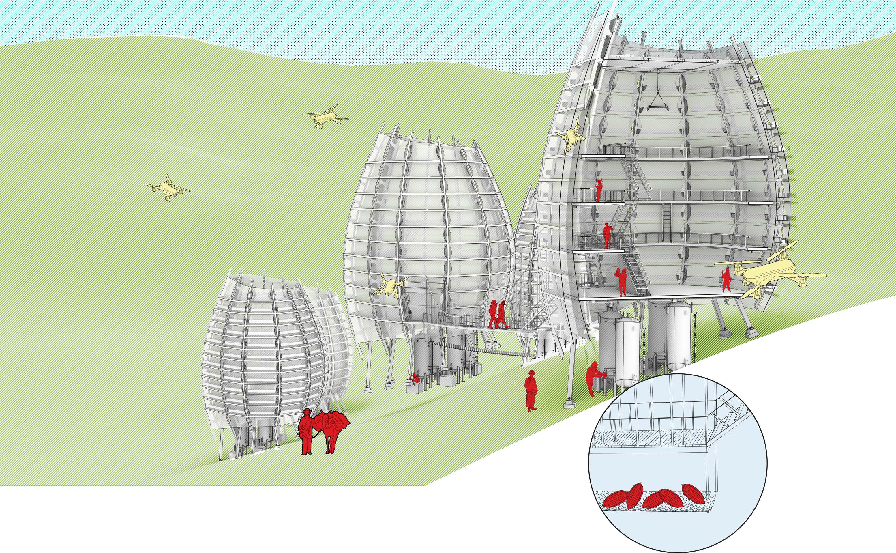 Site section through the elevated pods and plantation landscape.
