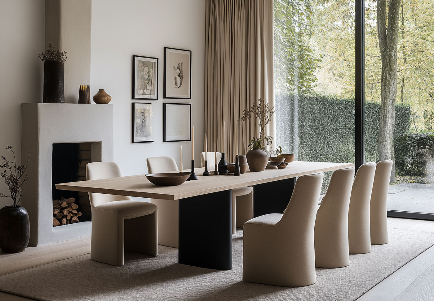 Ein modernes Esszimmer in 3D, mit einem langen Holztisch, acht beigen Polsterstühlen, minimalistischer Einrichtung, neutralen Farbtönen, Wandkunst, einem großen Fenster mit Vorhängen und Blick auf die grüne Umgebung.