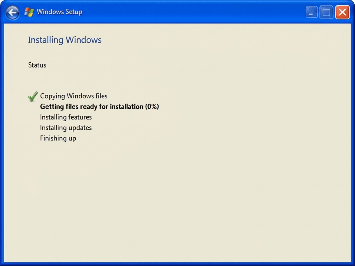 Windows 11 installer progress screen showing Getting files ready for installation